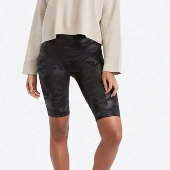 SPANX Pants - Spanx Faux Leather Bike‎ Shorts Size Small Black Gray Camo Compression 50173R